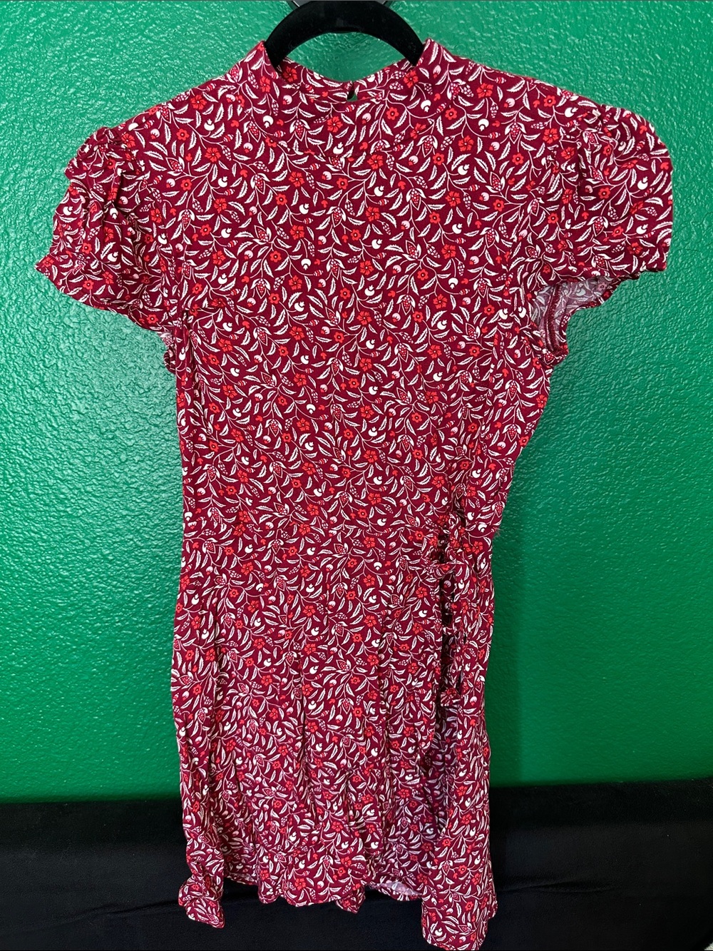 Red Floral Short Sleeve Wrap Dress S